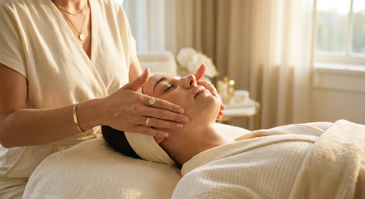 Detalle de manos aplicando un cuidado facial en un estudio de belleza con luz cálida