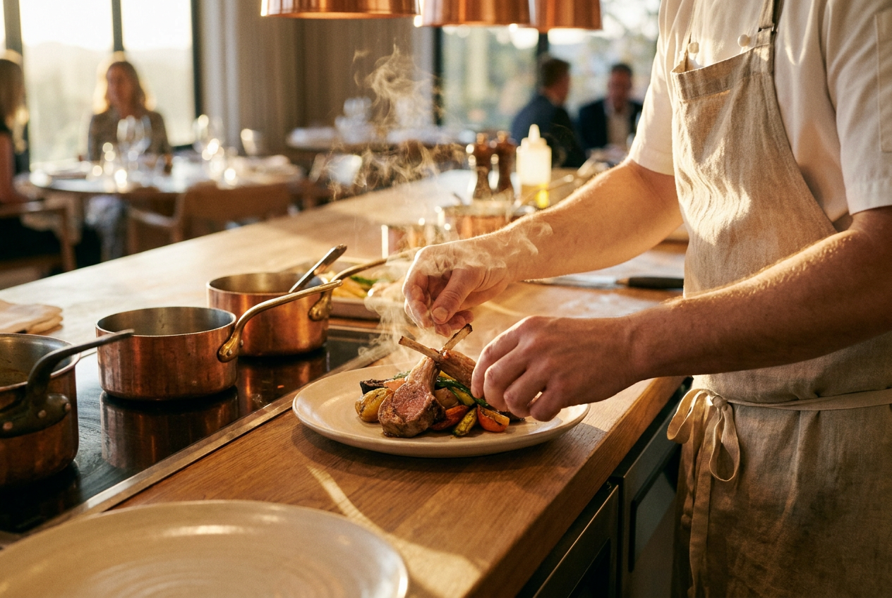 Cocinero emplatando en la cocina cálida del restaurante