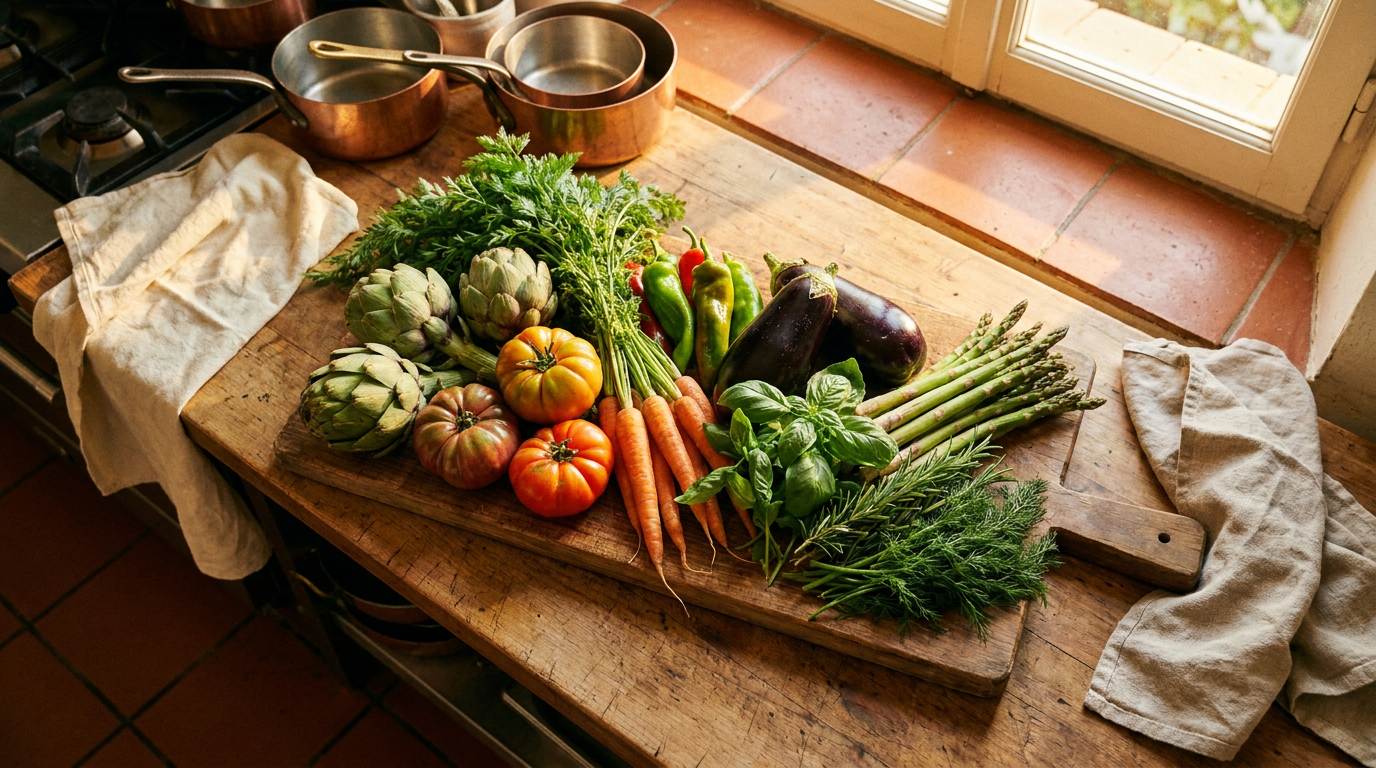 Verduras y hierbas frescas del mercado recién llegadas sobre tabla de madera en la cocina
