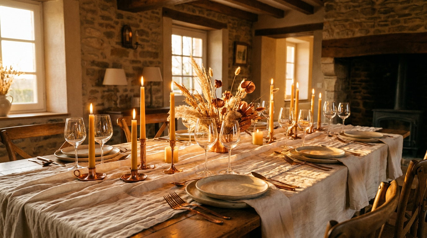 Mesa de comedor puesta con mantel de lino, copas y velas en luz cálida al atardecer