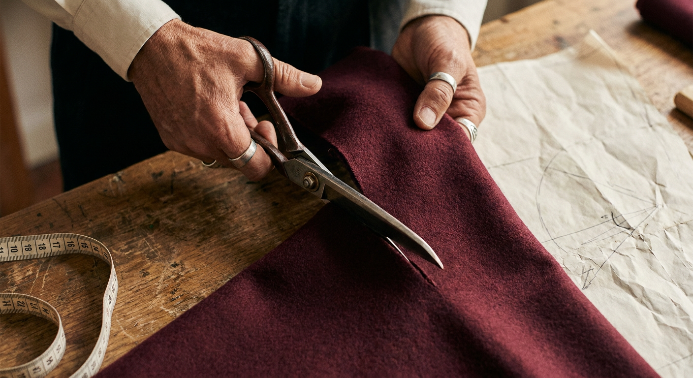 Manos de la diseñadora trabajando con tela, tijeras y cinta métrica sobre la mesa de trabajo