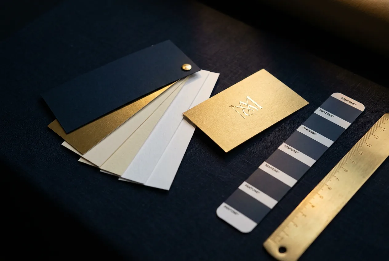 Paleta de colores y muestras de diseño sobre una mesa de trabajo