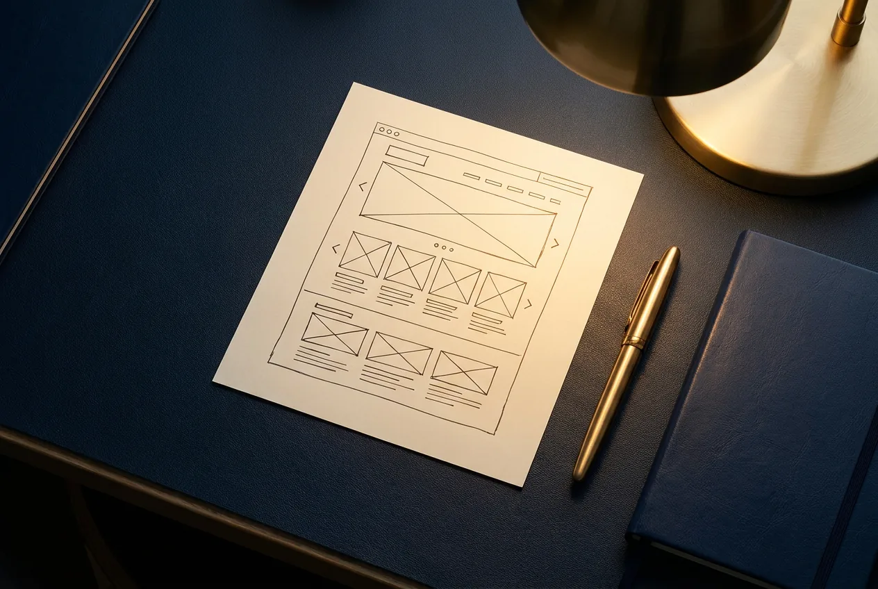 Bocetos de estructura de una web dibujados sobre papel