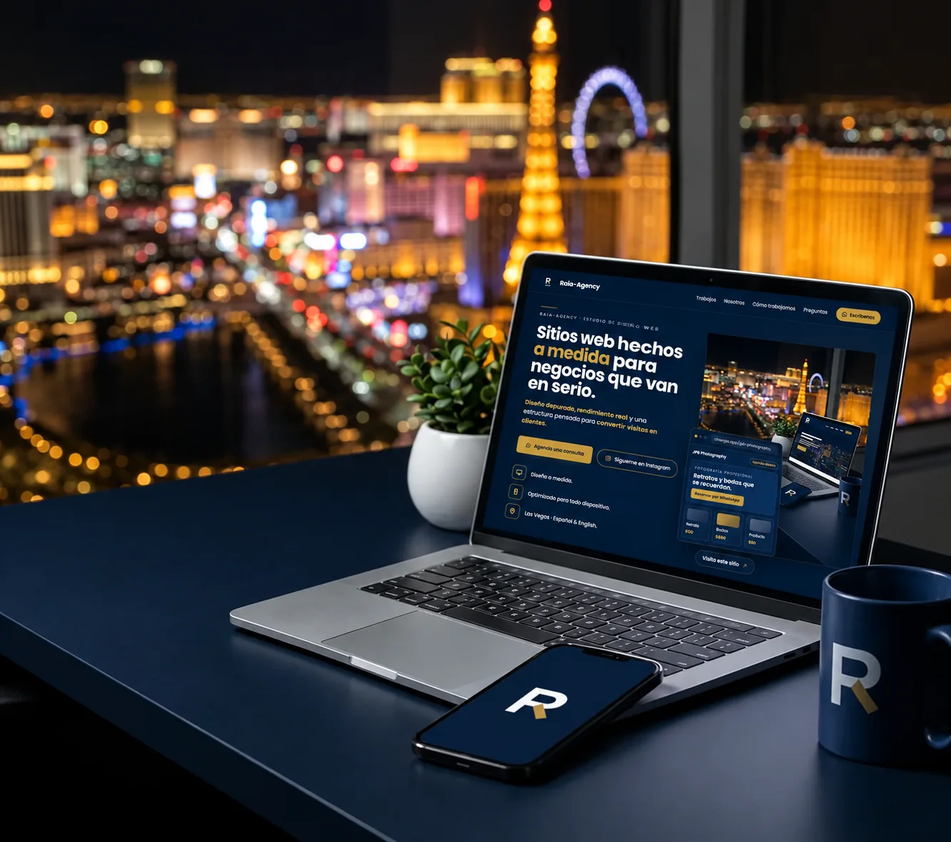 Laptop, celular y taza con la marca Raia sobre un escritorio frente a Las Vegas de noche